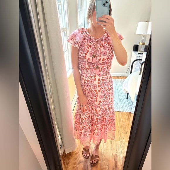 BELL by Alicia Bell Flutter Sleeve Midi Dress in Pink Orange Block, Small - Picture 6 of 8